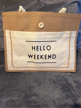 Hello Weekend Canvas Tote Bag in Natural & White